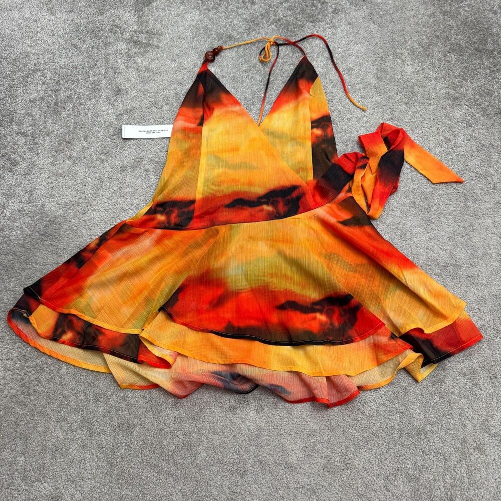 Princess Polly Two Tides Halter Wrap Mini Dress Womens 8 Sunset Tiered Boho NWT